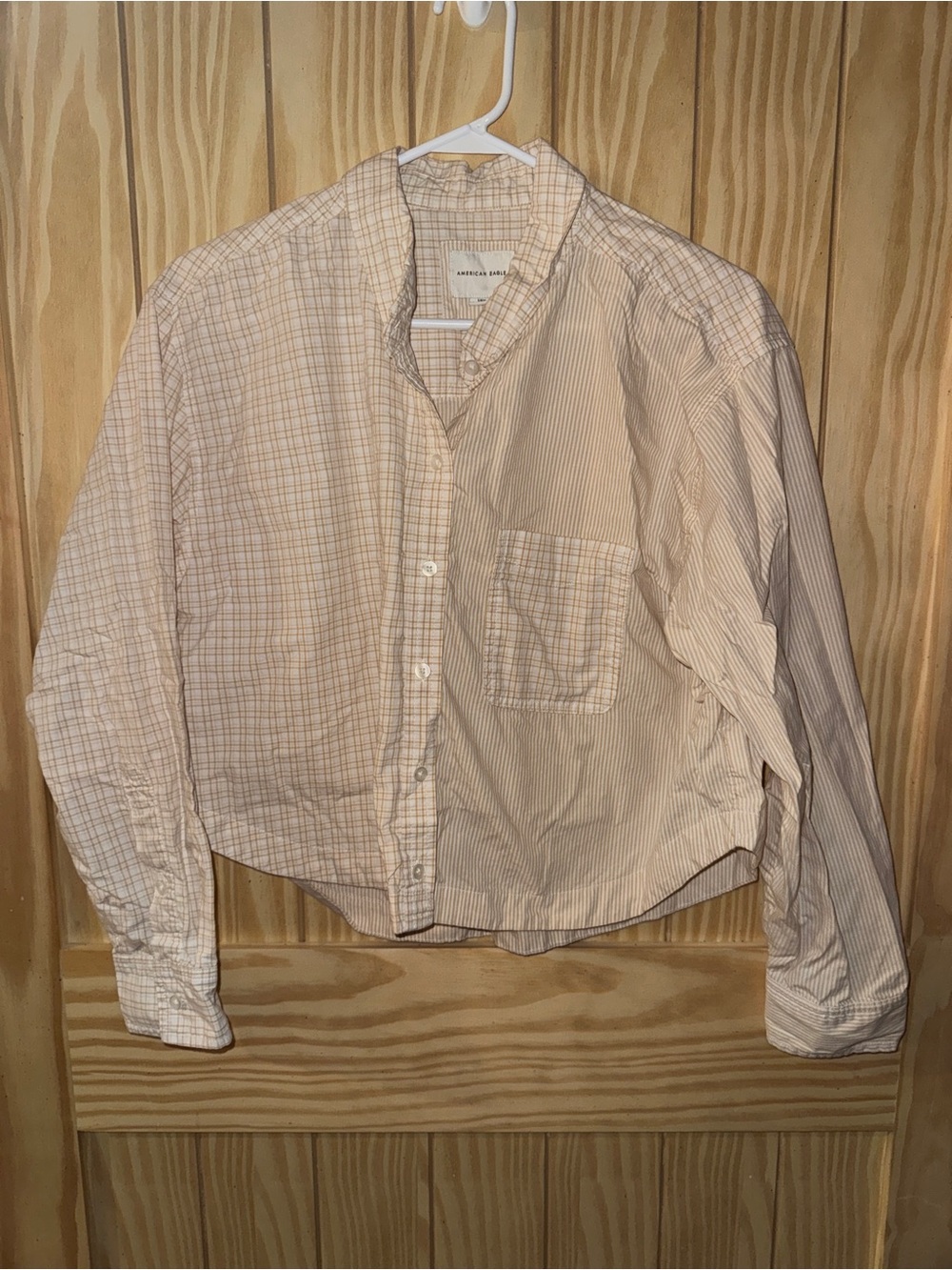 American Eagle mustard yellow and white cropped button-down, long sleeve blouse